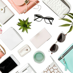 Pastel-toned accessories and supplies arranged in a flat lay design