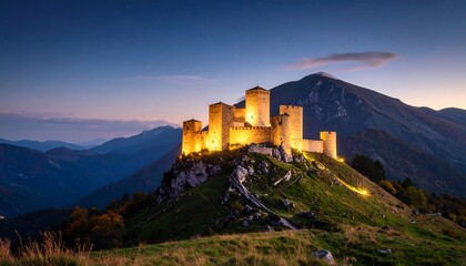 Obraz premium Illuminated mountaintop castle at twilight