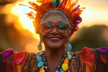 Inclusive Pride Month concept of a senior Black African American drag queen celebrating gay LGBTQ pride social party event outdoors at golden hour, Generative AI