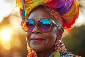Inclusive Pride Month concept of a senior Black African American drag queen celebrating gay LGBTQ pride social party event outdoors at golden hour, Generative AI