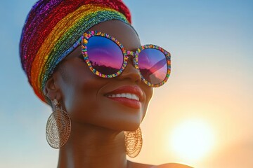Inclusive Pride Month concept of a senior Black African American drag queen celebrating gay LGBTQ pride social party event outdoors at golden hour, Generative AI
