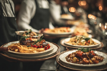Waiter in uniform serving dishes on party event, server carrying plates with food at the table, catering service on wedding reception, cafe restaurant table service, waiters arranging dinner banquet