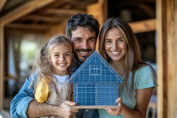 Happy family holding a paper model of a house with solar panels, representing the adoption of alternative energy and a sustainable lifestyle, Generative AI
