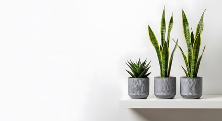 Three potted snake plants and succulent on a white shelf against a white wall.