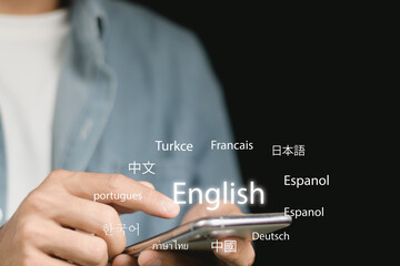 Translator app, language course and e-learning concept. Person use smartphone with Translator app,...