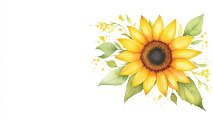 Obraz premium Single sunflower painted in watercolor with flowing brush strokes and warm yellow hues, designed for use in greeting or bridal shower invitations