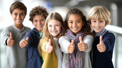 Enthusiastic school kids giving thumbs up in soft lighting