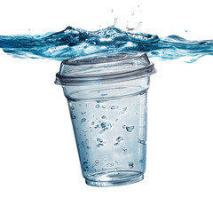 Plastic takeaway cup floating in still water, isolated on transparent background