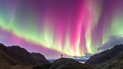 Aurora lights streaking across the sky behind a lone figure standing on a ridge,