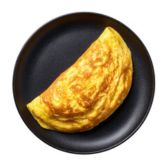Perfectly cooked golden omelet on dark ceramic plate, isolated on transparent background
