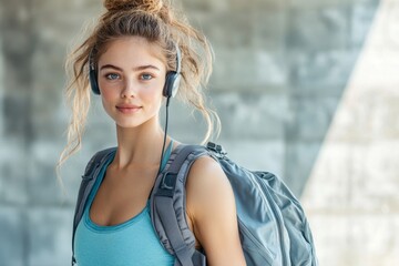 Young woman on her way to the gym, dressed in sportswear with a fitness bag and wireless headset, preparing for an active lifestyle, Generative AI