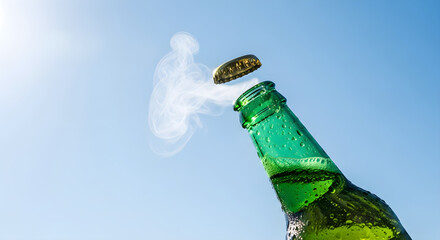 Corked brown bottle top emitting cooling smoke against a warm brown backdrop. A banner template for refreshing summer party or holiday drinks, menus and advertising with ample copyspace.