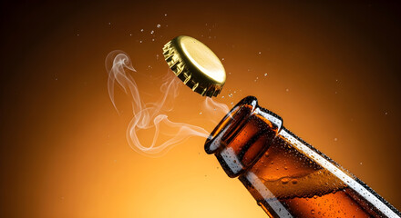 Corked brown bottle top emitting cool smoke on a warm brown backdrop. A banner template for a refreshing beverage concept at summer parties, holidays, menus and advertising with spacious copyspace.
