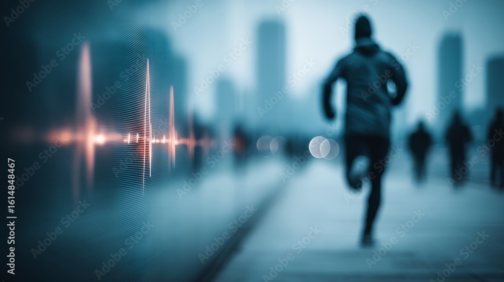 Poster a blurred silhouette of a person running in an urban setting with a digital heartbeat graph overlaye