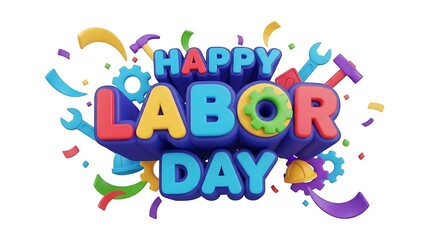 Fototapeta premium Happy Labor Day 3D text celebration with colorful tools, gears, and confetti on a white background. Festive typography for the holiday.