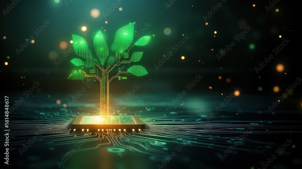 Poster symbolic image of green circuitry forming a tree with roots, standing for environmental tech and gre