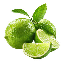 Fresh limes with leaves and slices