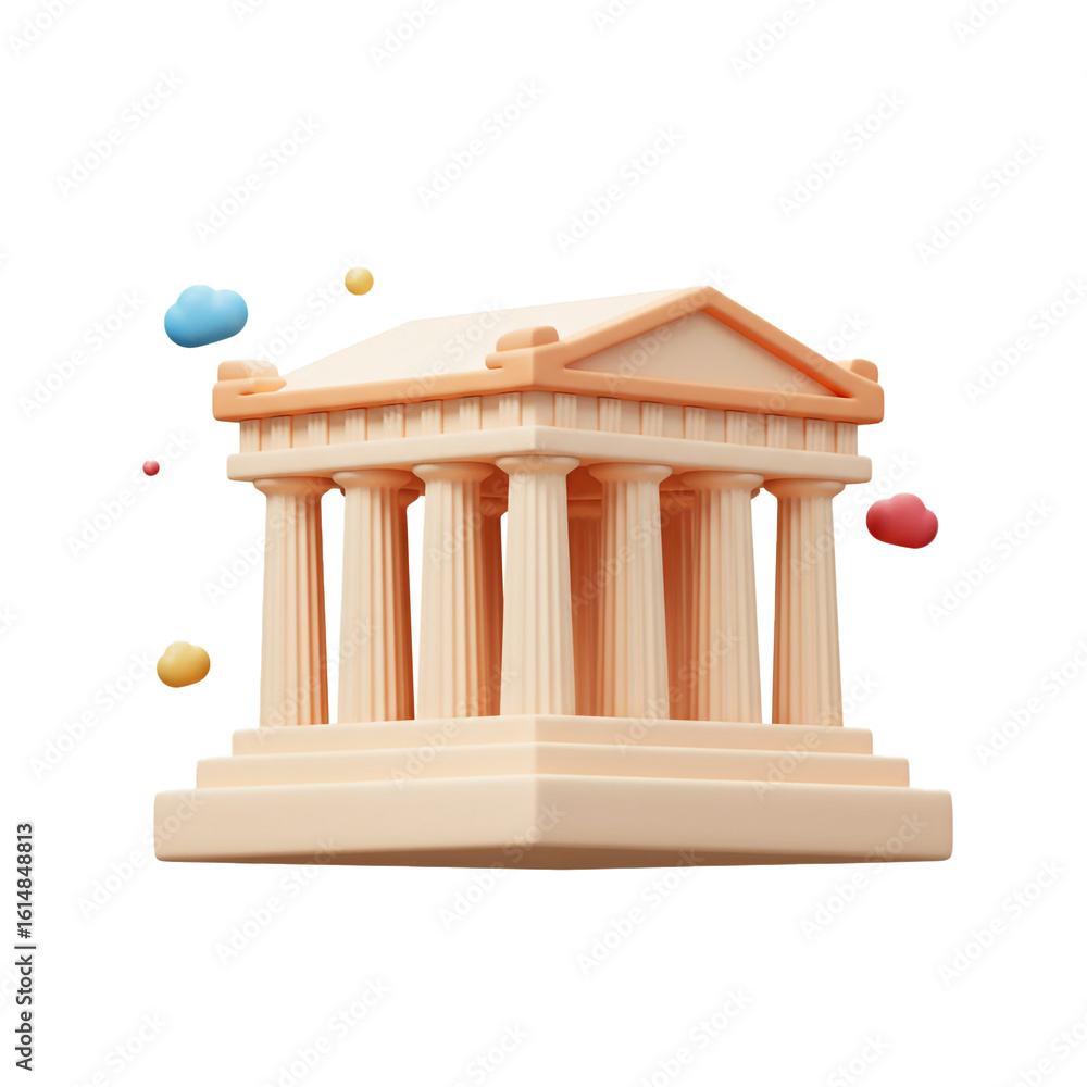 Poster a stylized architectural rendering of a classical temple with decorative elements and soft pastel co