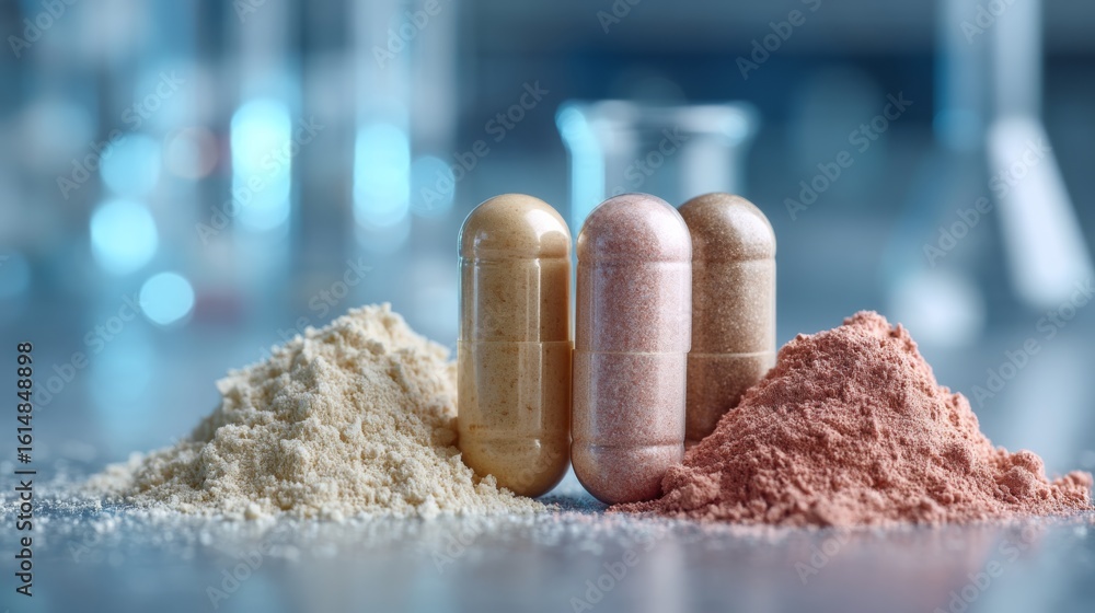 Poster three capsules stand upright between two piles of powdered supplements on a reflective surface in a 