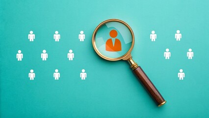 Magnifying glass over orange person icon among white people icons