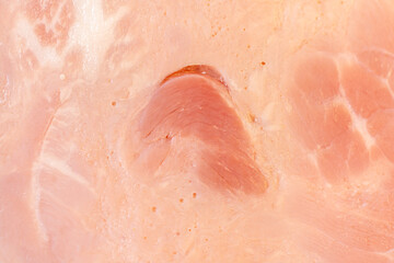 Slices of ham, thinly sliced sausage. Ham texture background. Close-up, top view.