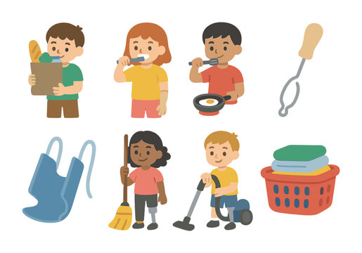 Adaptive Tools for Kids. Flat vector mini-illustrations prosthetics and daily chores in colors children's