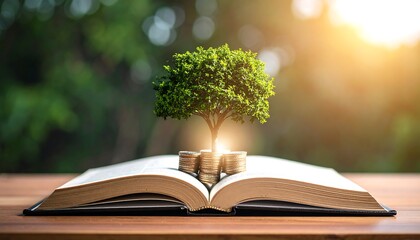 Open book with coins and tree, nature background