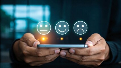 Hands holding phone showing emotion faces smartphone