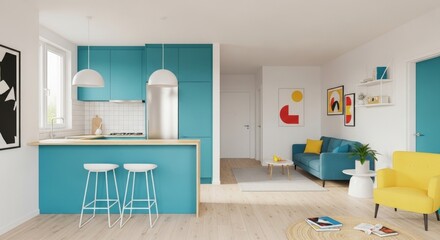 Bright Interior Featuring a Modern Kitchen and Living Room with Colorful Accents, Including a Blue Sofa, Yellow Armchair