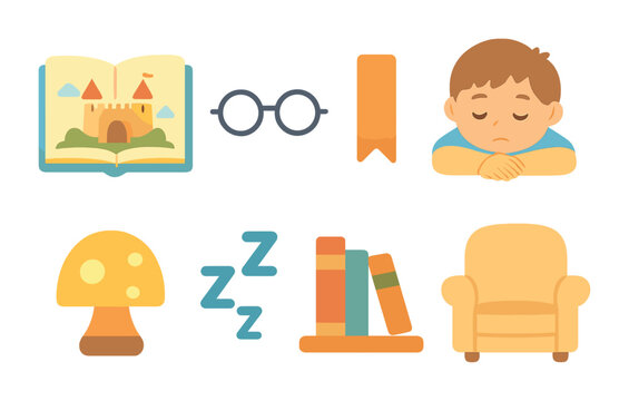 Bedtime Story Icons. Flat vector mini-illustrations nap with favorite book in colors children's illustrations:
