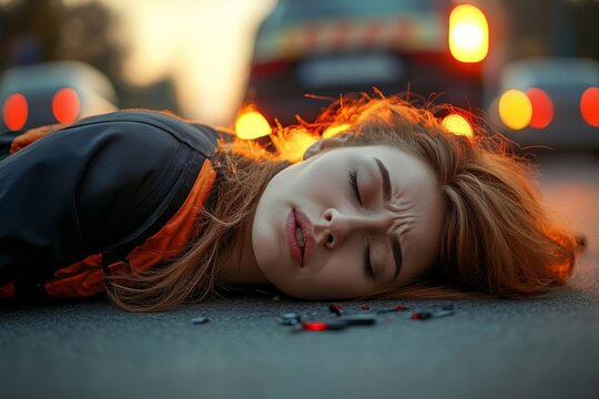 Young woman unconscious on the road after a car accident, highlighting the aftermath of a traumatic injury and the importance of emergency response, Generative AI - Powered by Adobe