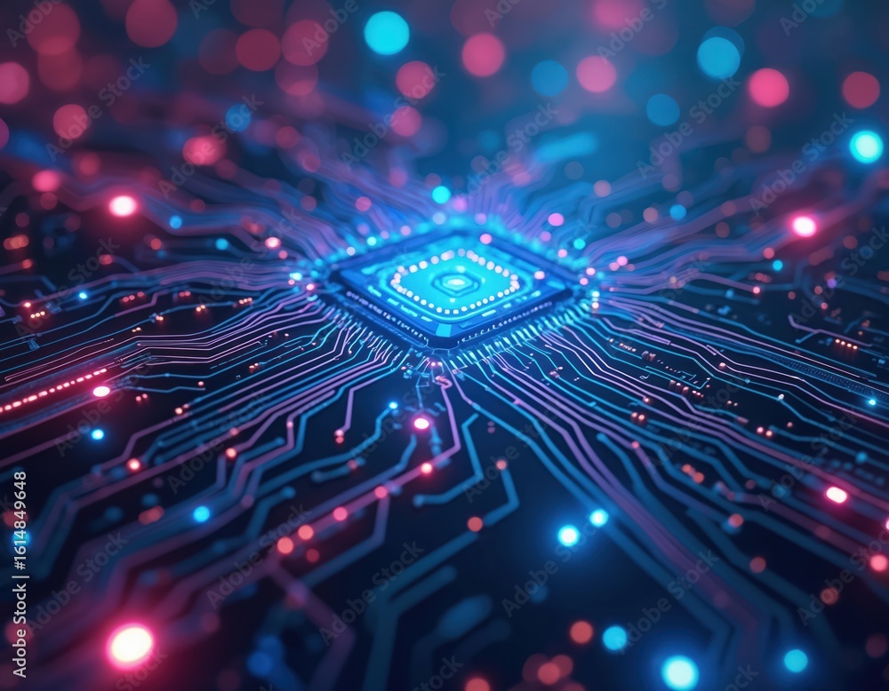 Poster glowing circuit board background with detailed pathways and connections. blue and pink lights illumi
