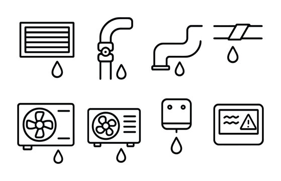 HVAC Leak Icon Set. Outline icon set of HVAC leak issues: air vent leak, refrigerant pipe, condensation drain,