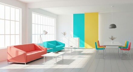 Bright Interior Featuring Modern Furniture, Including a Coral Sofa, Turquoise Armchair