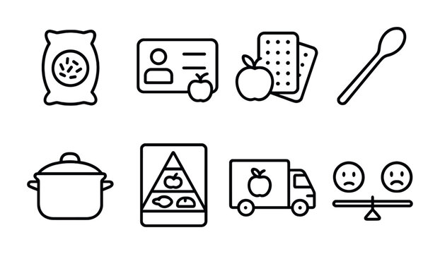 Food Aid Icons. Outline icon set of food and nutrition aid: rice sack, food ration card, fortified biscuits,