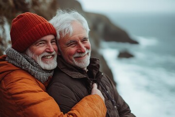 Happy senior men hugging outdoors on a cliff coastal beach walk in Cornwall. Elderly male gay couple in nature. Inclusive pride concept, copy space, Generative AI