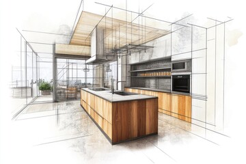 Modern kitchen design concept with sketch overlay