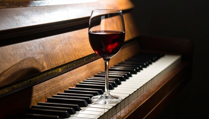 Glass of Red Wine on Old Piano Keys