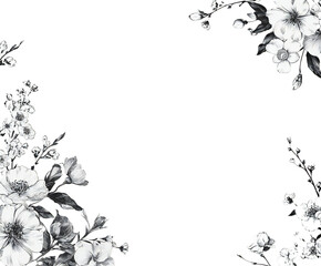 Elegant floral frame featuring hand-drawn monochrome flowers and foliage creating a beautiful decorative corner design on transparent background