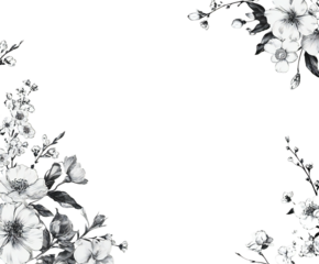 Elegant floral frame featuring hand-drawn monochrome flowers and foliage creating a beautiful decorative corner design on transparent background