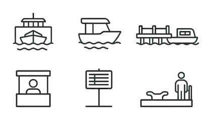 Urban Water Transport Icons. Outline icon set of urban water transport: ferry terminal, water taxi, pontoon