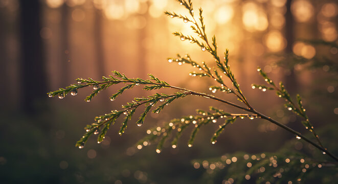 Evergreen branch with glistening dewdrops in a misty forest illuminated by warm, golden sunlight.