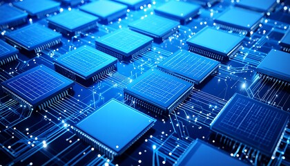 Dense array of blue microchips interconnected by circuitry