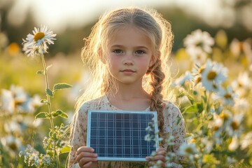 Young girl holding a model of a solar panel in the center of a meadow, symbolizing the importance of renewable energy sources and sustainable living for the future, Generative AI
