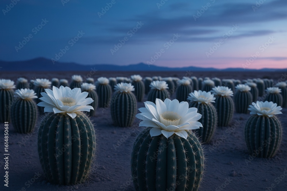 Poster blooming white cactus flowers in desert field under twilight sky with soft light and distant mountai