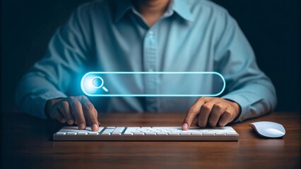 Person typing on keyboard with search bar hands mouse