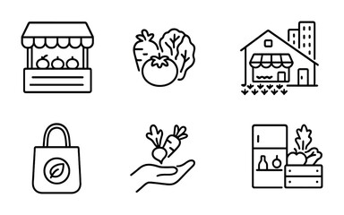 Local Food Icons. Outline icon set of local food systems: farmer’s market, local produce, food co-op, city