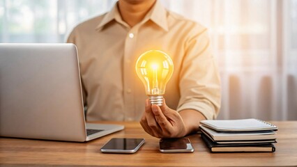 Person holding glowing light bulb with laptop and notebooks
