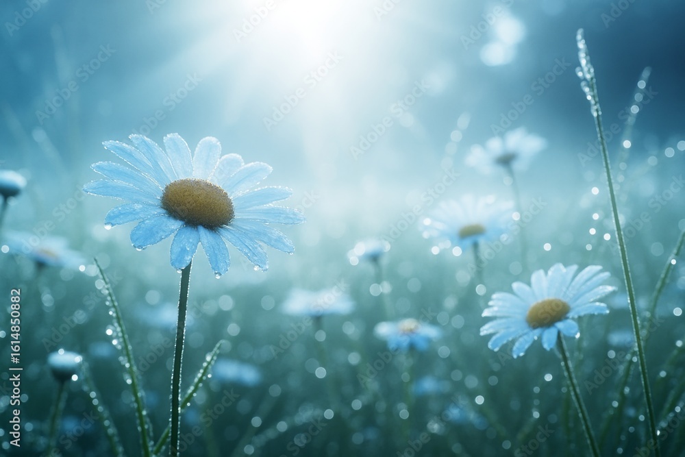 Poster close-up of dewy daisies in soft morning light with dreamy bokeh background creating a peaceful and 