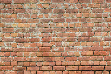 brick wall old red brick wall with dust and debris on white background. Broken brick wall with scattered debris and visible cracks.